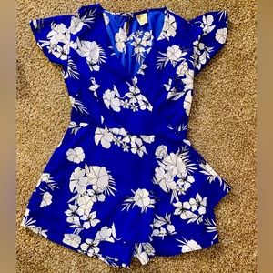 Royal blue romper, size xs, light weight floral pattern.